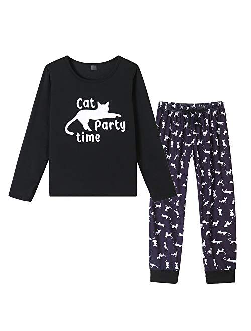 YIJIU Women's Cute Cartoon Cat Sleepwear Short Sleeve Top and Pants Pajama Set