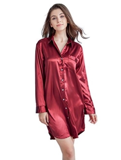 TONY AND CANDICE Womens Sleep Shirt, Satin Pajama Top Long Sleeve Nightshirt