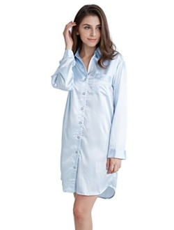 TONY AND CANDICE Womens Sleep Shirt, Satin Pajama Top Long Sleeve Nightshirt