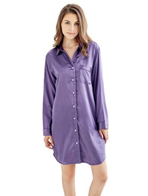 TONY AND CANDICE Womens Sleep Shirt, Satin Pajama Top Long Sleeve Nightshirt