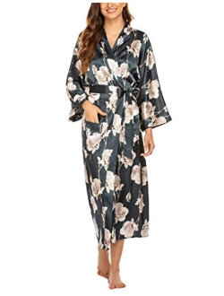 FINEJO Women Kimono Robe Silk Lightweight Long Robes Satin Bathrobe Soft Sleepwear V-Neck Ladies Loungewear S-XXL