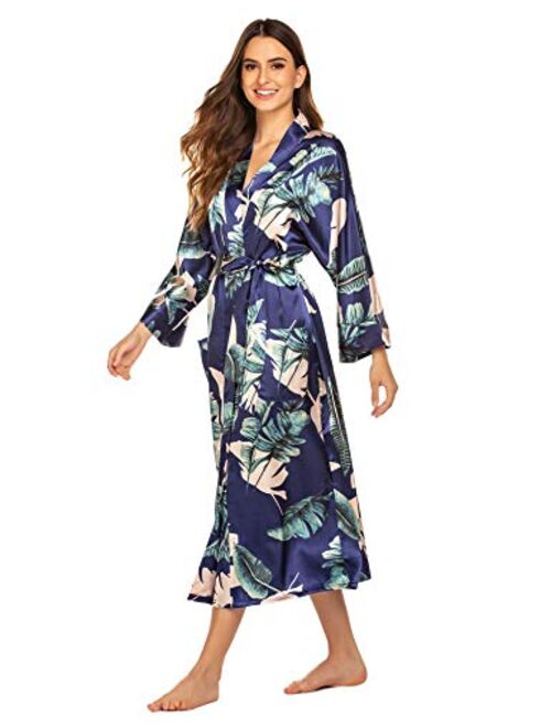 FINEJO Women Kimono Robe Silk Lightweight Long Robes Satin Bathrobe Soft Sleepwear V-Neck Ladies Loungewear S-XXL