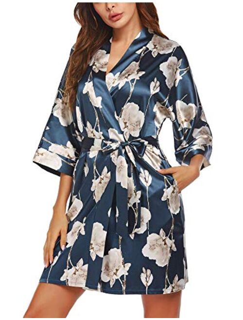 FINEJO Women Kimono Robe Silk Lightweight Long Robes Satin Bathrobe Soft Sleepwear V-Neck Ladies Loungewear S-XXL