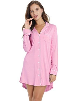 Amorbella Womens Long Sleeve Nightgown Button Down Nightshirt Bamboo Sleep Shirt Soft Pajama Top