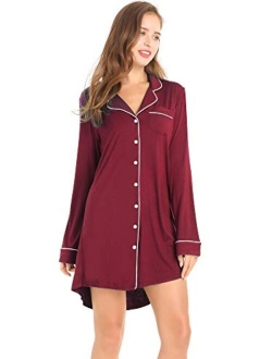 Amorbella Womens Long Sleeve Nightgown Button Down Nightshirt Bamboo Sleep Shirt Soft Pajama Top