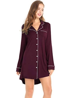 Amorbella Womens Long Sleeve Nightgown Button Down Nightshirt Bamboo Sleep Shirt Soft Pajama Top