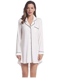 Amorbella Womens Long Sleeve Nightgown Button Down Nightshirt Bamboo Sleep Shirt Soft Pajama Top