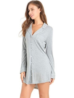 Amorbella Womens Long Sleeve Nightgown Button Down Nightshirt Bamboo Sleep Shirt Soft Pajama Top