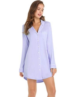 Amorbella Womens Long Sleeve Nightgown Button Down Nightshirt Bamboo Sleep Shirt Soft Pajama Top