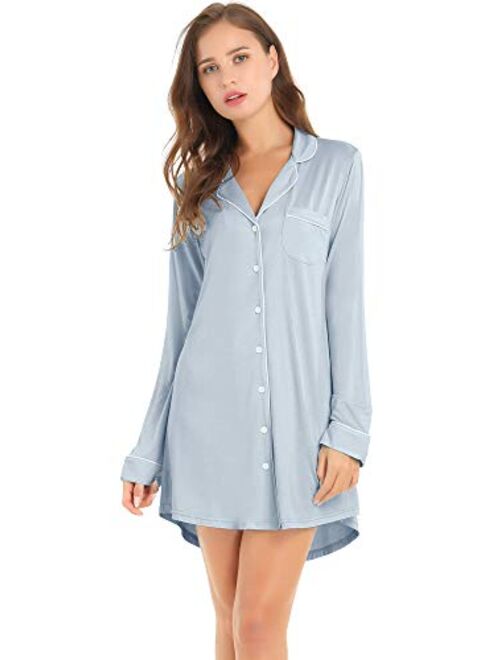 Amorbella Womens Long Sleeve Nightgown Button Down Nightshirt Bamboo Sleep Shirt Soft Pajama Top