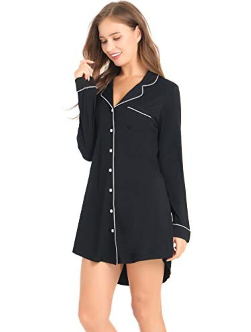 Amorbella Womens Long Sleeve Nightgown Button Down Nightshirt Bamboo Sleep Shirt Soft Pajama Top