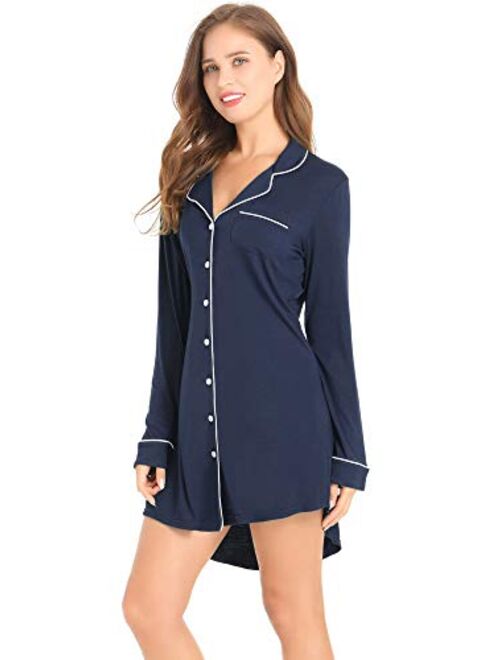 Amorbella Womens Long Sleeve Nightgown Button Down Nightshirt Bamboo Sleep Shirt Soft Pajama Top