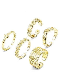 JOERICA 6 Pcs Toe Rings Set for Women Adjustable Wave Flower Open Tail Ring Band Foot Jewelry