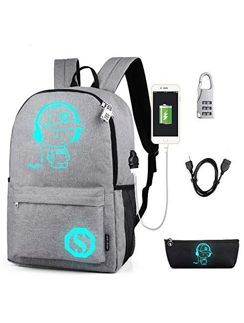 Lmeison Anime Cartoon Luminous Backpack with USB Charging Port and Lock &Pencil Case Daypack Shoulder Rucksack Laptop Bag