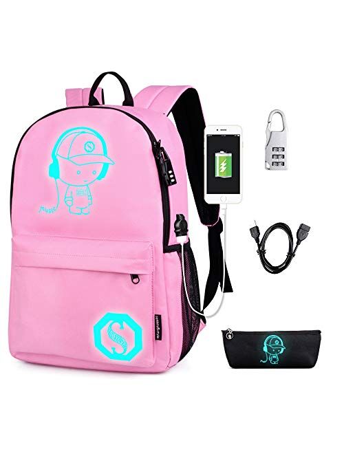 Lmeison Anime Cartoon Luminous Backpack with USB Charging Port and Lock &Pencil Case Daypack Shoulder Rucksack Laptop Bag