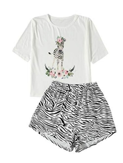 Women's Cute Graphic Print Sleepwear Tops and Shorts 2 Piece Pajama Sets