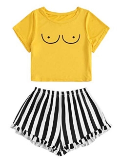 Women's Cute Graphic Print Sleepwear Tops and Shorts 2 Piece Pajama Sets