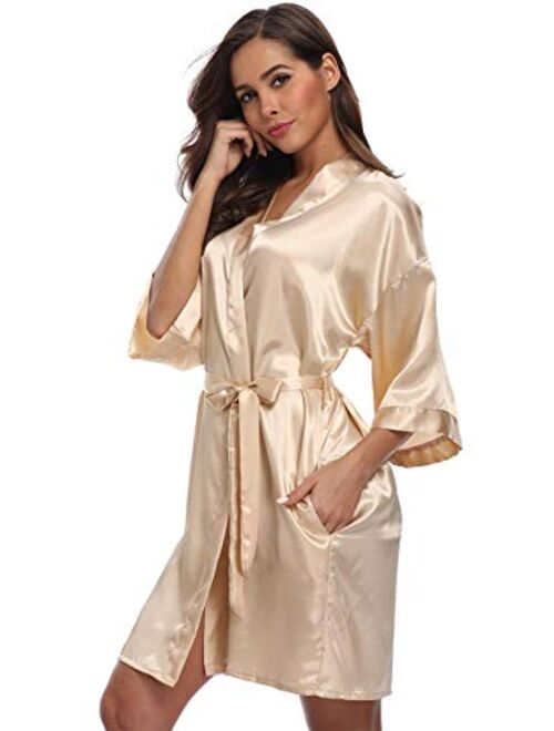 season dressing Women Satin Plain Short Kimono Bridesmaid Bathrobe Wedding Party Robe