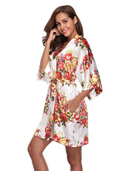 Women's Floral Satin Kimono Robes Short Bridesmaid Robes for Wedding Party