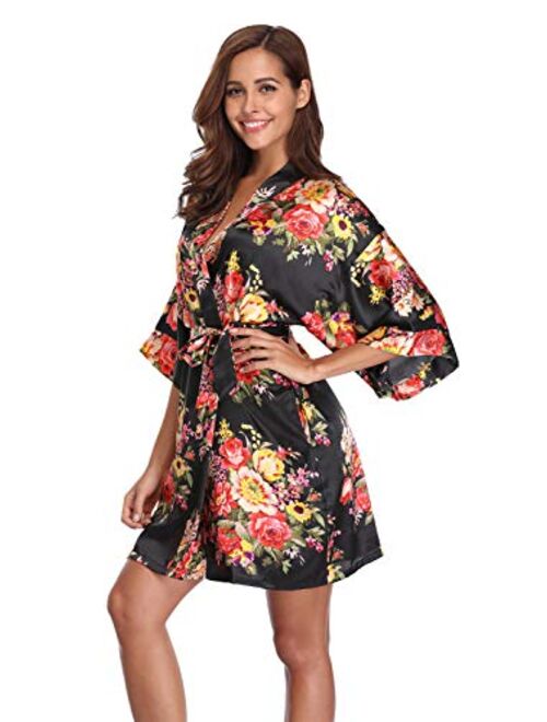 Women's Floral Satin Kimono Robes Short Bridesmaid Robes for Wedding Party