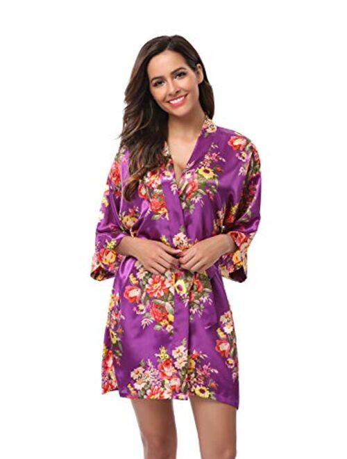 Women's Floral Satin Kimono Robes Short Bridesmaid Robes for Wedding Party