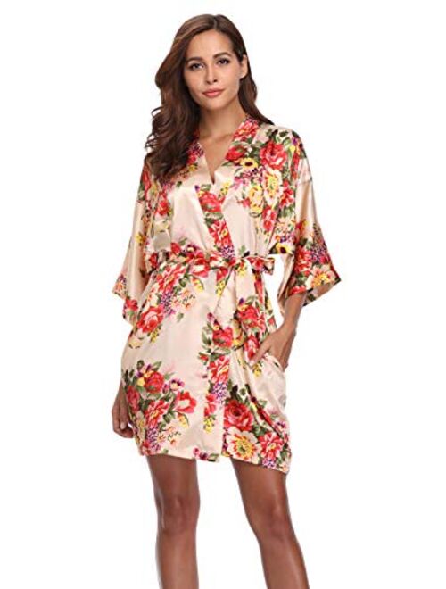 Women's Floral Satin Kimono Robes Short Bridesmaid Robes for Wedding Party