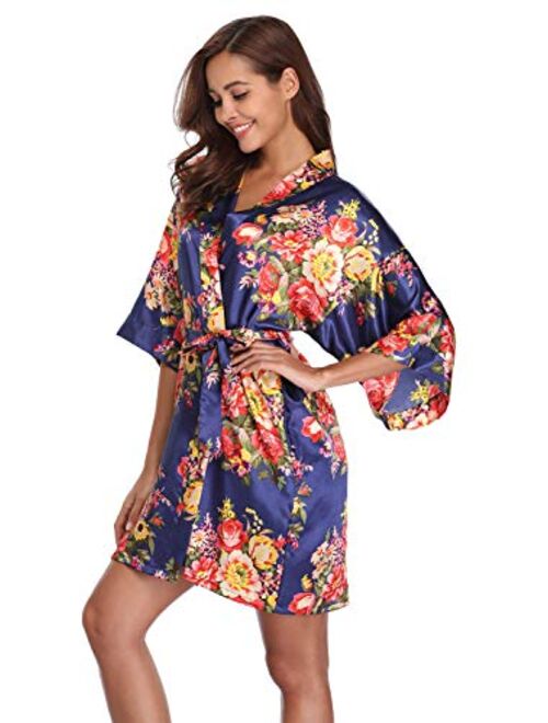 Women's Floral Satin Kimono Robes Short Bridesmaid Robes for Wedding Party