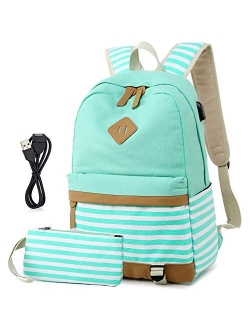 Canvas School Backpack for Girls College Laptop Backpack 15.6 inch USB Daypack Teen Girls School Backpack with USB Port