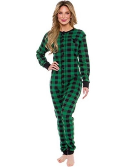 Silver Lilly Oh Deer Buffalo Flannel One Piece Pajamas - Women's Union Suit Pajamas with Drop Seat Butt Flap