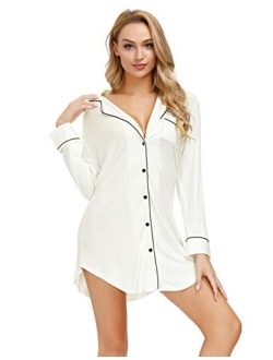 Zexxxy Nightgown Women Boyfriend Pajamas Long Sleeve Button Down Sleep Shirts Dress S-XXL