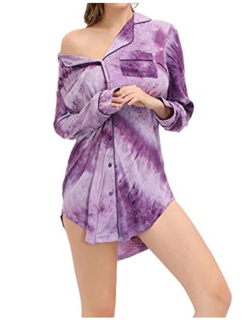 Zexxxy Nightgown Women Boyfriend Pajamas Long Sleeve Button Down Sleep Shirts Dress S-XXL