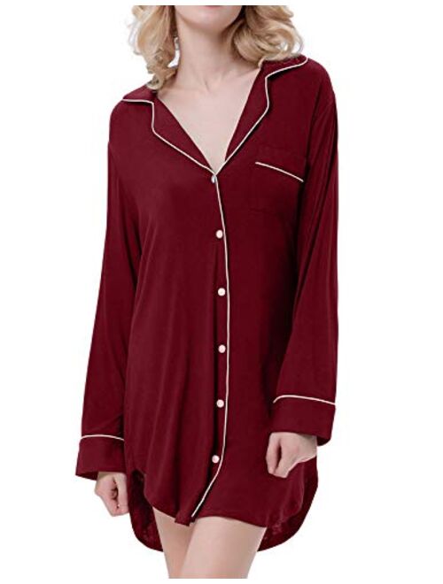 Zexxxy Nightgown Women Boyfriend Pajamas Long Sleeve Button Down Sleep Shirts Dress S-XXL