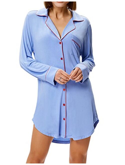 Zexxxy Nightgown Women Boyfriend Pajamas Long Sleeve Button Down Sleep Shirts Dress S-XXL