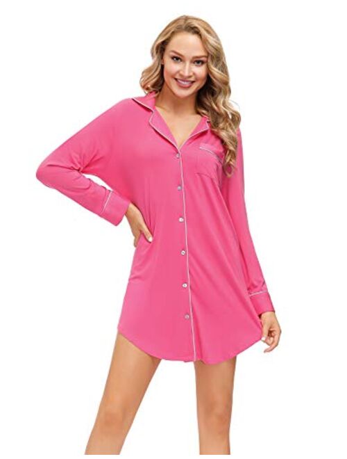 Zexxxy Nightgown Women Boyfriend Pajamas Long Sleeve Button Down Sleep Shirts Dress S-XXL