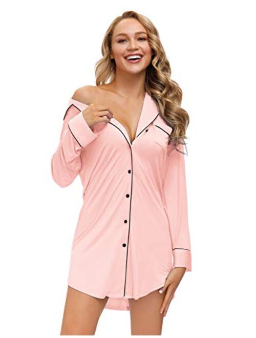 Zexxxy Nightgown Women Boyfriend Pajamas Long Sleeve Button Down Sleep Shirts Dress S-XXL