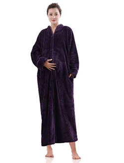 Hellomamma Women's Zip Front Bathrobe Soft Warm Long Fleece Plush Robe Plus Size Full Length Housecoat Sleepwear Dressing Gown