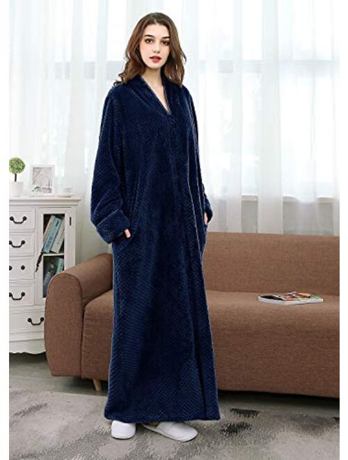 Women's Long Robe Hooded Bathrobe Zipper Up Duster Full Length Solid Pocket  Housecoat Sleepwear