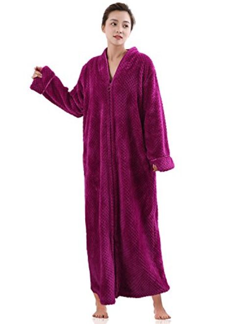 Hellomamma Women's Zip Front Bathrobe Soft Warm Long Fleece Plush Robe Plus Size Full Length Housecoat Sleepwear Dressing Gown