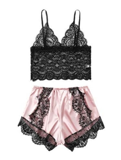 Women's Floral Lace Cami Top with Shorts Sleepwear Sexy Lingerie Pajama Set