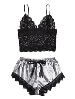 Women's Floral Lace Cami Top with Shorts Sleepwear Sexy Lingerie Pajama Set