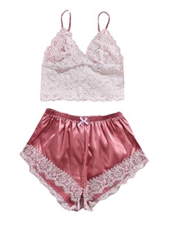 Women's Floral Lace Cami Top with Shorts Sleepwear Sexy Lingerie Pajama Set