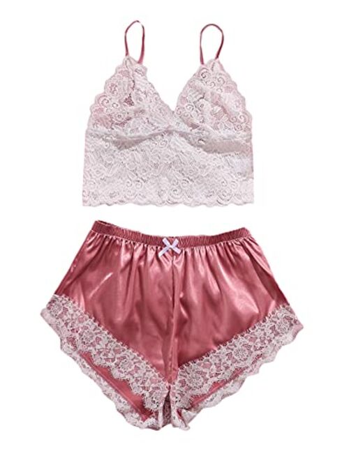 WDIRARA Women's Floral Lace Cami Top with Shorts Sleepwear Sexy Lingerie Pajama Set