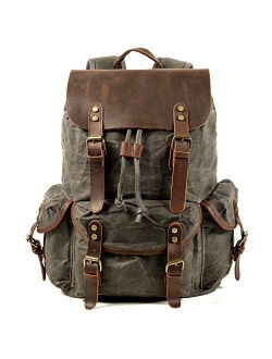 WUDON Leather Backpack for Men, Waxed Canvas Shoulder Rucksack for Travel School