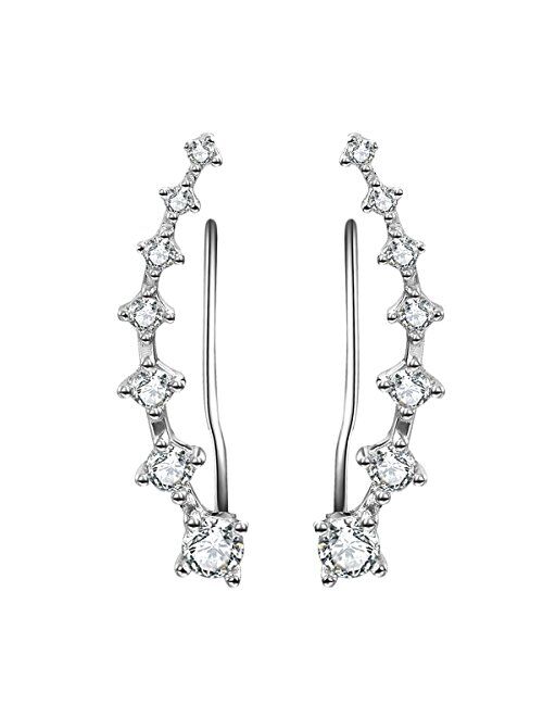 YAN & LEI Sterling Silver Sweep up Ear Pin Crawler Cuff Wrap Climber Earrings with 7 CZ Stones