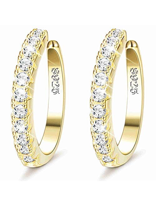 Sllaiss Minimalist 12mm Ear Cuff Set with Swarovski Zirconia 925 Sterling Silver Cuff Earrings for Women CZ Pave Non Pierced Ear Cuff 18K Gold Plated