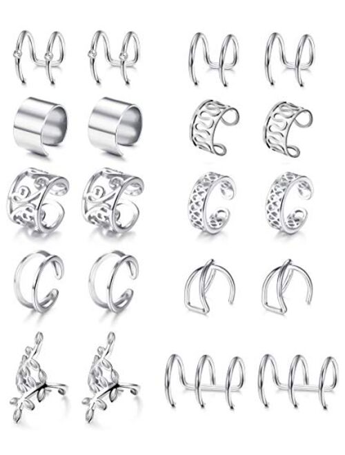 LOYALLOOK 10 Pairs Silver Black Tone Stainless Steel Ear Cuff for Women Non Piercing Helix Cartilage Ear Clip Fake Cartilage Earring