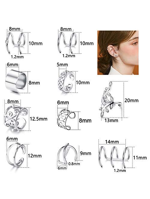 LOYALLOOK 10 Pairs Silver Black Tone Stainless Steel Ear Cuff for Women Non Piercing Helix Cartilage Ear Clip Fake Cartilage Earring