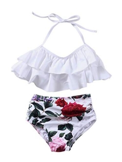 XUNYU Girls Swimsuit Falbala High Waisted Bathing Suit Halter Neck Bikini Swimwear