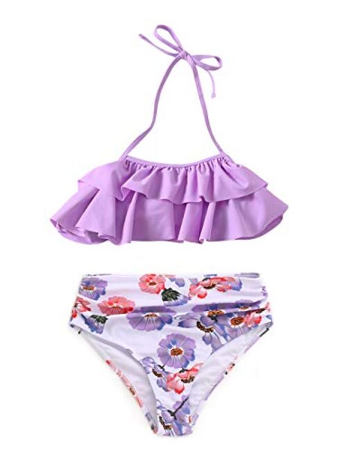 XUNYU Girls Swimsuit Falbala High Waisted Bathing Suit Halter Neck Bikini Swimwear