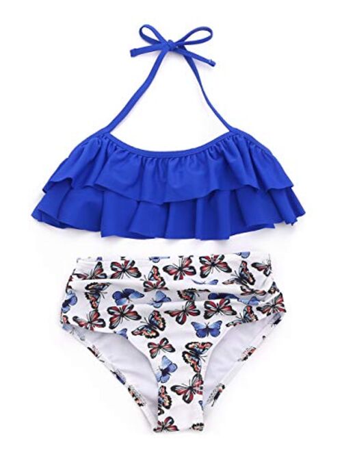 XUNYU Girls Swimsuit Falbala High Waisted Bathing Suit Halter Neck Bikini Swimwear